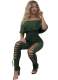 Fashion Women Summer Strapless Ruffles Off-Shoulder With Holes Jumpsuits Without Belt Army Green