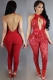Summer Women Sleeveless and Backless Halterneck V-Neck Rompers Sequins Close-Fitting Jumpsuits Red