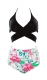 Cross Front Detailing And High Waist Floral Printed Two-pieces Swimwear