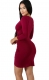  Wine Red V-Neck Long Sleeves Mini Bodycon Dress
