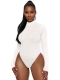 Women White Long Sleeve Turtleneck High Cut Bodysuit