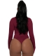 Women Wine Red Long Sleeve Turtleneck High Cut Bodysuit