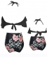 Family Matching Lotus Leaf Edge Flower Print Black Bikini Set Girls Swimwear