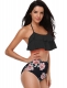 Family Matching Lotus Leaf Edge Flower Print Black Bikini Set Girls Swimwear