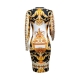Gold O-neck Long Sleeve Women Bodycon Print Dress