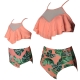  Orange Floral Printed Bottom and Ruffled Top High Waist Swimwear Set 