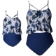 Floral Printed Top and Solid Bottom High Waist swimwear Set Blue