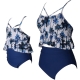 Floral Printed Top and Solid Bottom High Waist swimwear Set Blue