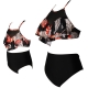 Pink Floral Printed Top and Solid  Bottom High Waist Swimwear Set 