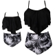 Black Solid Ruffled Top and Floral Printed Bottom High Waist Swimwear Set