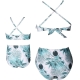 Blue Floral Printed Bottom and Ruffled Top High Waist Swimwear Set 