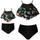 Floral Printed Ruffles Top and Black Solid Bottom High Waist Swimwear Set 
