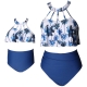 Blue Solid Bottom  Front Hollow Out  Floral Printed Top Two Piece Swimsuit