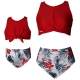 Red Front Knot Vest Floral Printed Bottom Two Piece Swimsuit