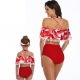 Red Floral Printed Flounce Tassel Top Solid Bottom High waist swimwear