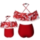 Red Floral Printed Flounce Tassel Top Solid Bottom High waist swimwear