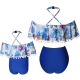 Blue Floral Printed Flounce Tassel Top Solid Bottom High waist swimwear