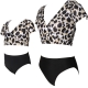 V-neck Leopard  Short Sleeve Top and Black Solid Bottom Swimsuit Set