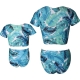V-neck Blue Floral print Short Sleeve  Swimsuit Set