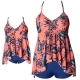Multi-color V-neck Halter Strap Leaf Print Top and Blue Bottom Matching Swimwear 