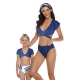V-neck Short Sleeve Two Pieces Family  Matching Swimwear Blue