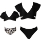 V-neck Short Sleeve Two Pieces  Matching Swimwear Black