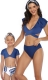 V-neck Short Sleeve Two Pieces Family  Matching Swimwear Blue