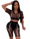 Black Sexy Women Sheer Crop Top V-Neck Two-Pieces Set