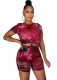 Women O-Neck Printed Twist Front Crop Top and Side Cutout Shorts Set