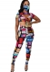 Women Printed Twist Front Crop Top with Chest Cutout and Pants Set（without Mask）