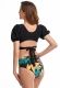 V-Neck Puff Sleeve Top with Print Bottom Matching Swimsuit