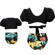 V-Neck Puff Sleeve Top with Print Bottom Matching Swimsuit