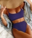 Women 2-Pieces Solid Color Ribbed Swimwear High Waist Bikini Set