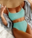 Women 2-Pieces Solid Color Ribbed Swimwear High Waist Bikini Set