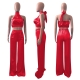 Solid Color Sleeveless Top Silk 2-pieces Leisure Suit Wide-leg Pant Set
