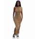Solid Color Threaded Pleated Diagonal Shoulder Slit Long Dress