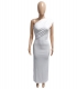 Solid Color Threaded Pleated Diagonal Shoulder Slit Long Dress