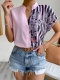 Women's Mixed Color Floral Printed Stripe Button Cardigan Short Sleeve Shirt