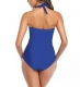 Sexy Solid Color Bikini Backless Pleated Retro One Piece Swimwear for Women