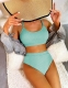Solid Color Two Pieces Swimsuit Ribbed High Rise Bottom Bikini Set