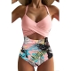 One Piece Swimsuit Solid Color Top and Floral Printed Bottom Sexy Hollow Out Cross Strap Bathing Suit for Women