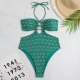 Hollow Out Printed Swimsuit Pleated Hanging Neck One Piece Swimwear