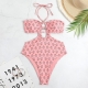 Hollow Out Printed Swimsuit Pleated Hanging Neck One Piece Swimwear