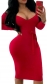 Long Sleeve Off Shoulder V-neck with Knot  Solid Bodycon Dresses Red